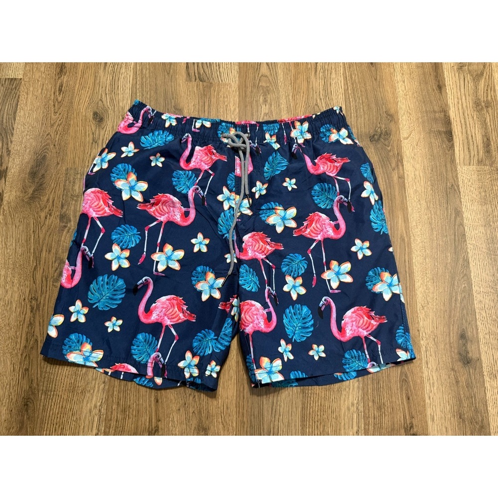 Beautiful Shorts Mens XL Blue Pink Orange Flamingo Floral Swim Trunks Tie Waist
